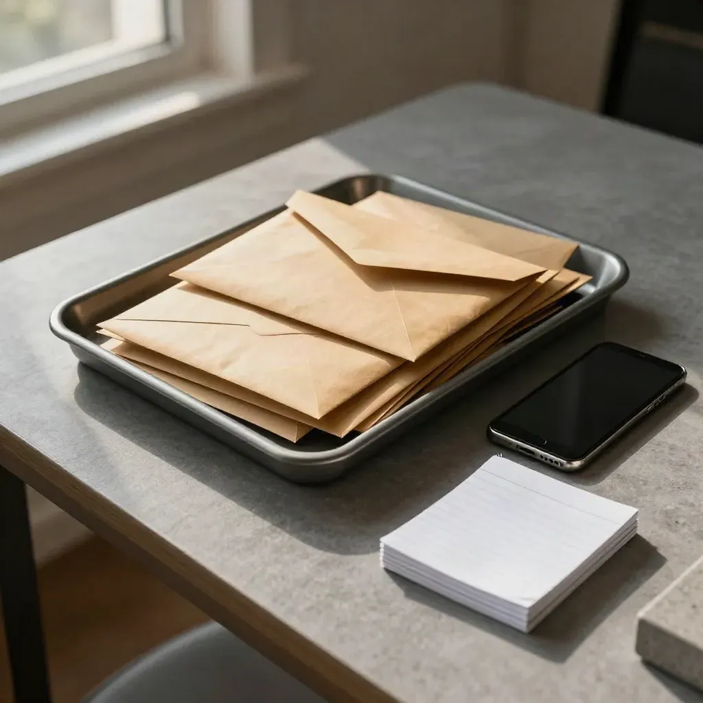 Phishing drill kit with envelopes, phone, notepad stack and mail tray on a gray tabletop.