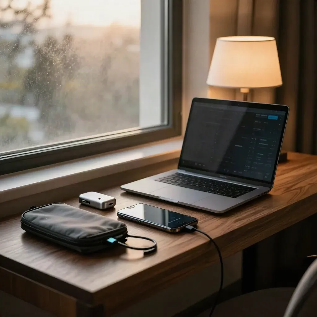 Hotel-window audit kit with closed laptop, phone, dongle case and cables in warm evening light.