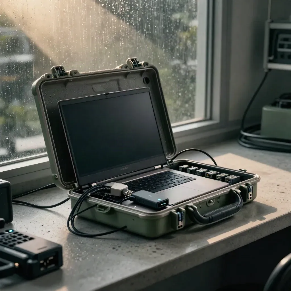 Open pentest kit with laptop, cables, adapters and switch gear in a rainy cinematic lab.