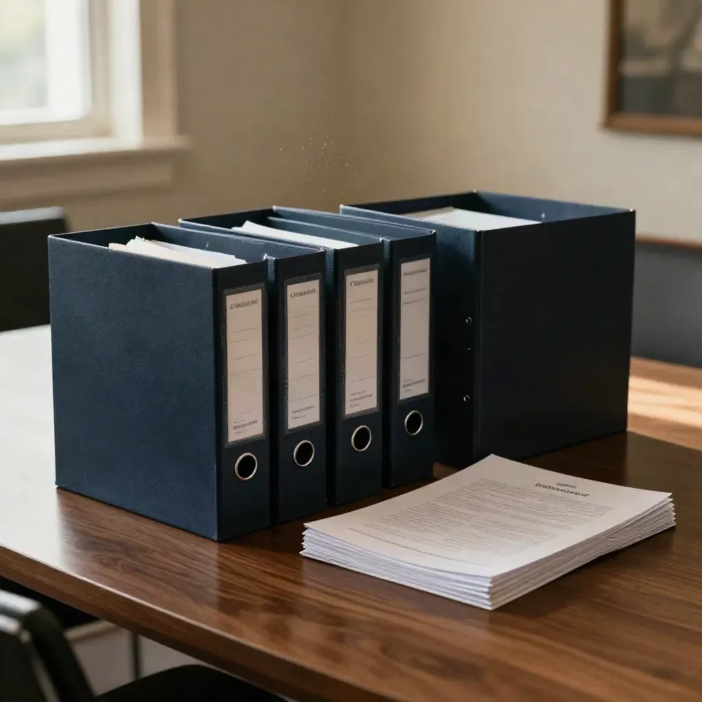 Navy remediation binders and a document case on a sunlit review desk