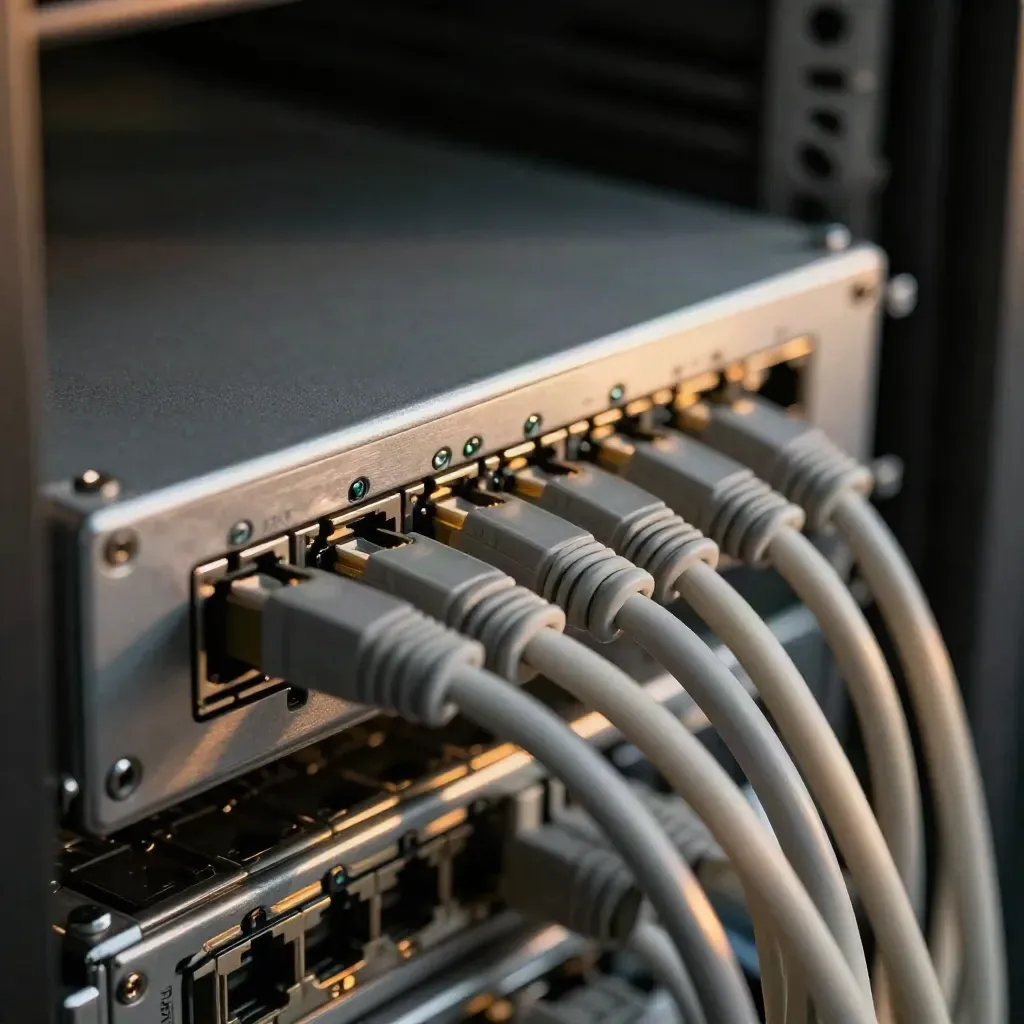 Extreme macro of a server rack edge, patch cords, compact switch and cable bundle under inspection light.