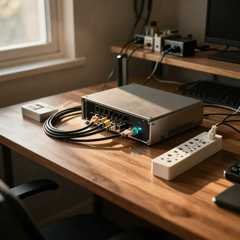 Mini pentest lab bench with server, router, coiled cables and reset strip in warm window light.