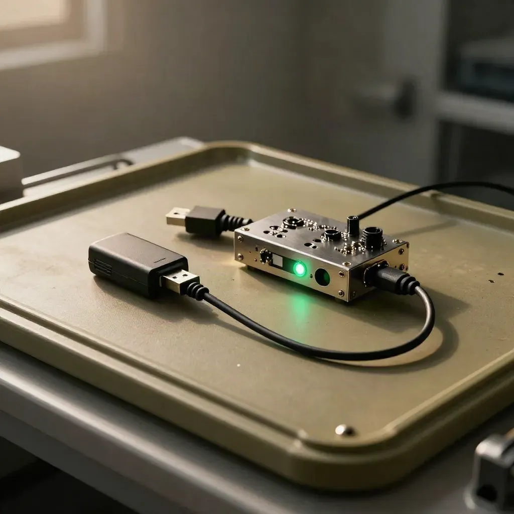 Loopback plug, test dongle and blinking validation module on an industrial lab tray