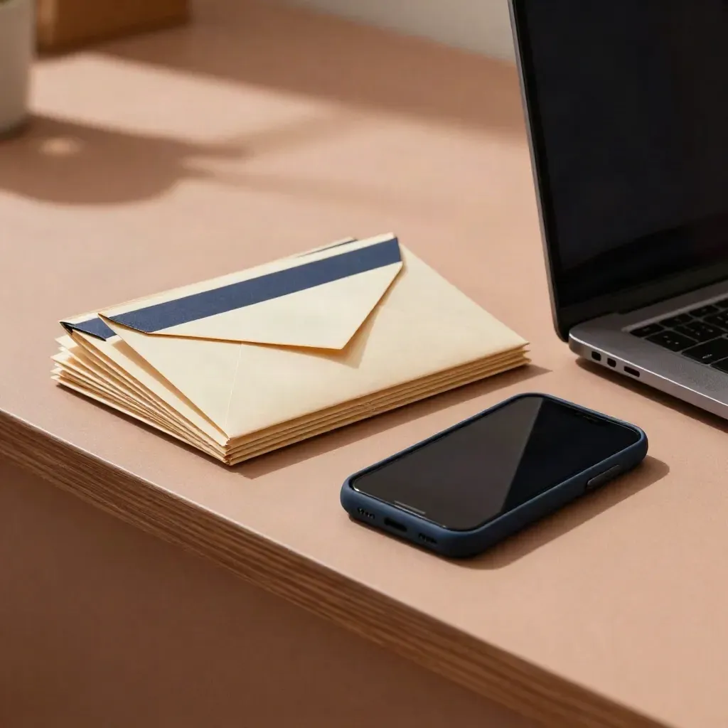 Phishing kit setup with sealed envelopes, dark phone, and half-open laptop on a sunlit ledge.