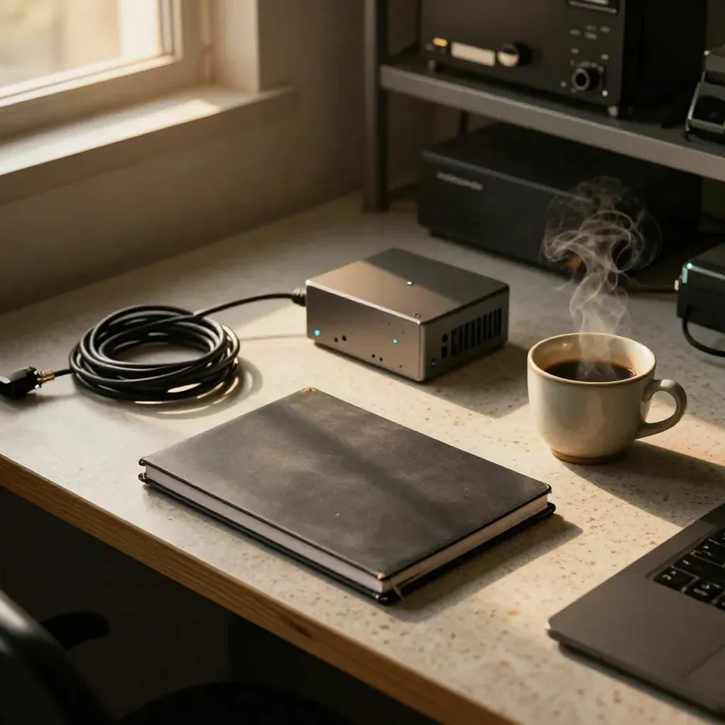 Late-night pentest lab bench with notebook, cable coil, mini PC and steaming coffee cup.