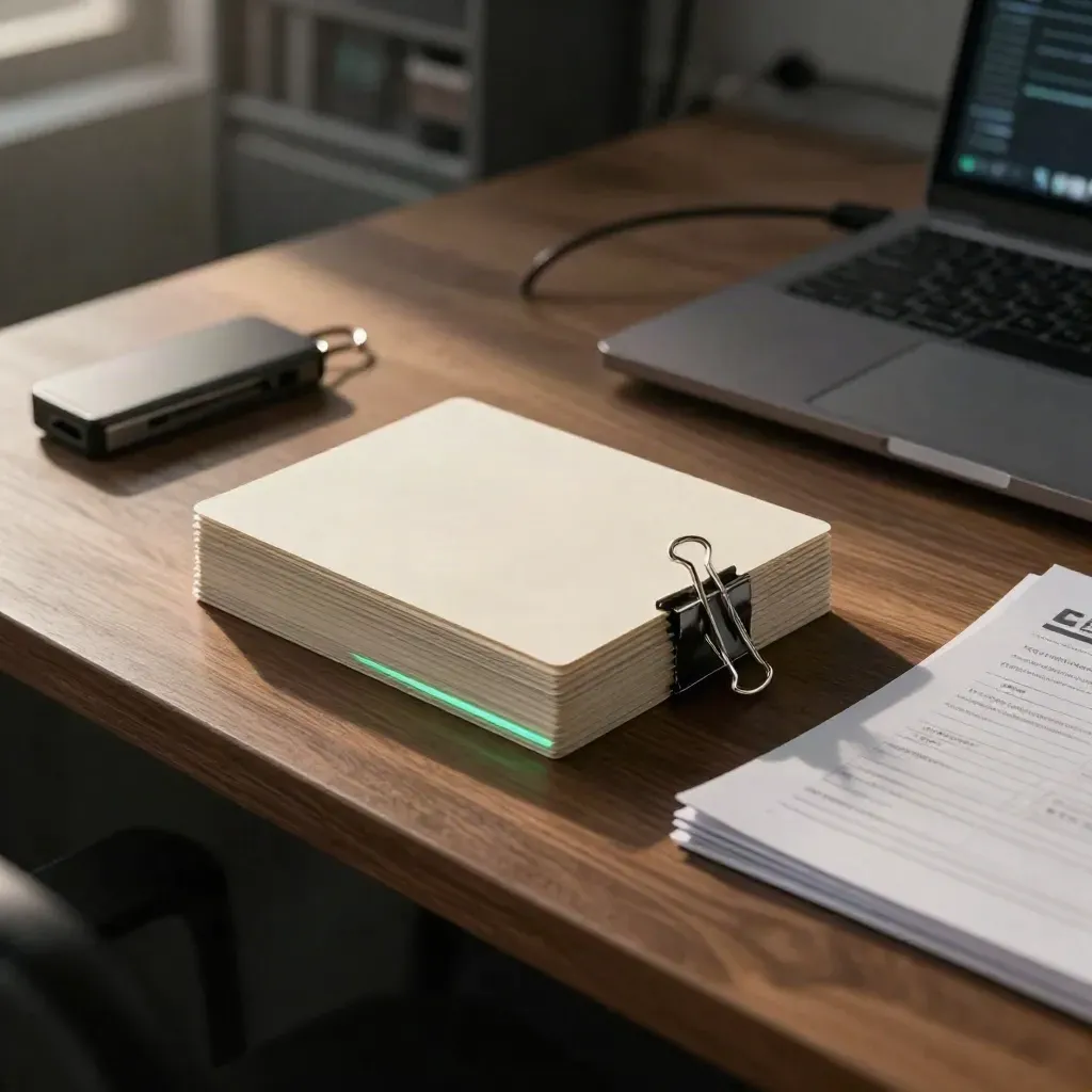 Neat task bundle on a walnut workbench with a turned-away laptop and binder clips.