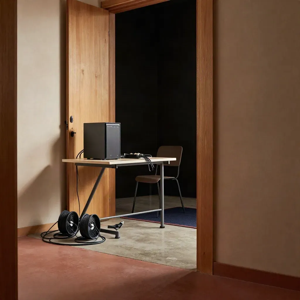 Weekend pentest lab room with server, cable reels, and a chair resetting in doorway light
