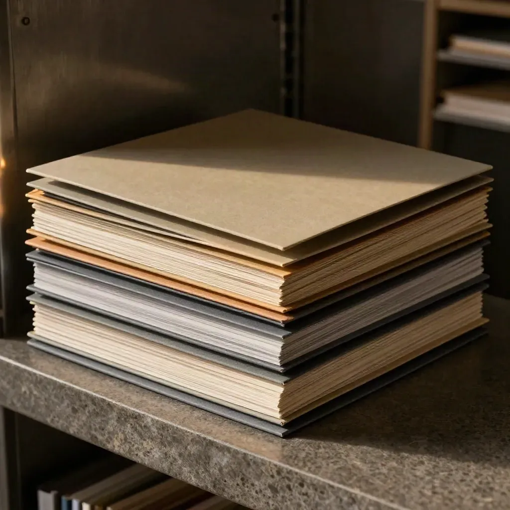 Fanned premium report covers and matte folders on a stone ledge in dramatic side light.