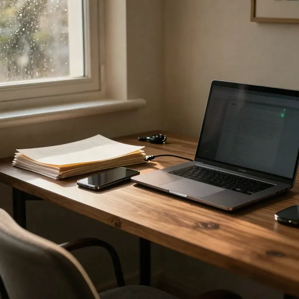 Phone, laptop, and turned paper stack on a walnut console in warm window light.