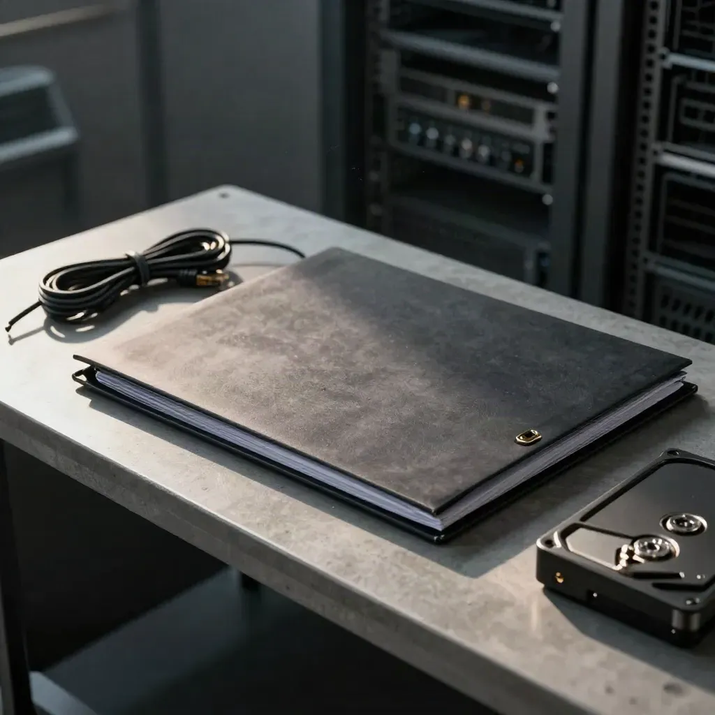Sealed pentest scope folder, cable coil, and secure drive on a concrete lab shelf.