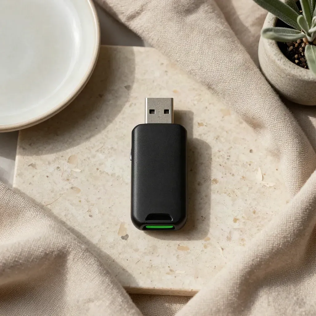 Overhead flatlay of a USB security key with linen, dish, and small plant.