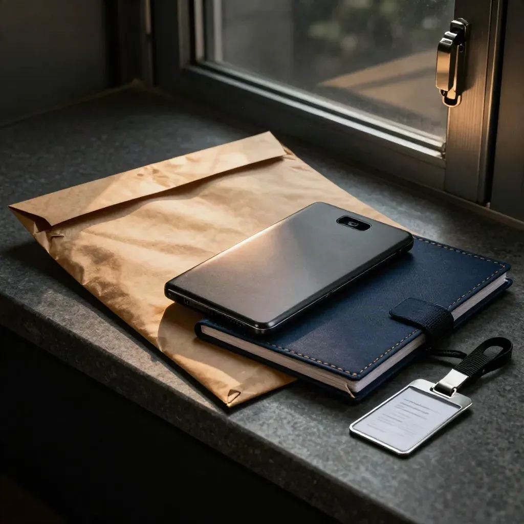 Secure client handoff kit with envelope, drive, notebook and badge clip on dark stone.