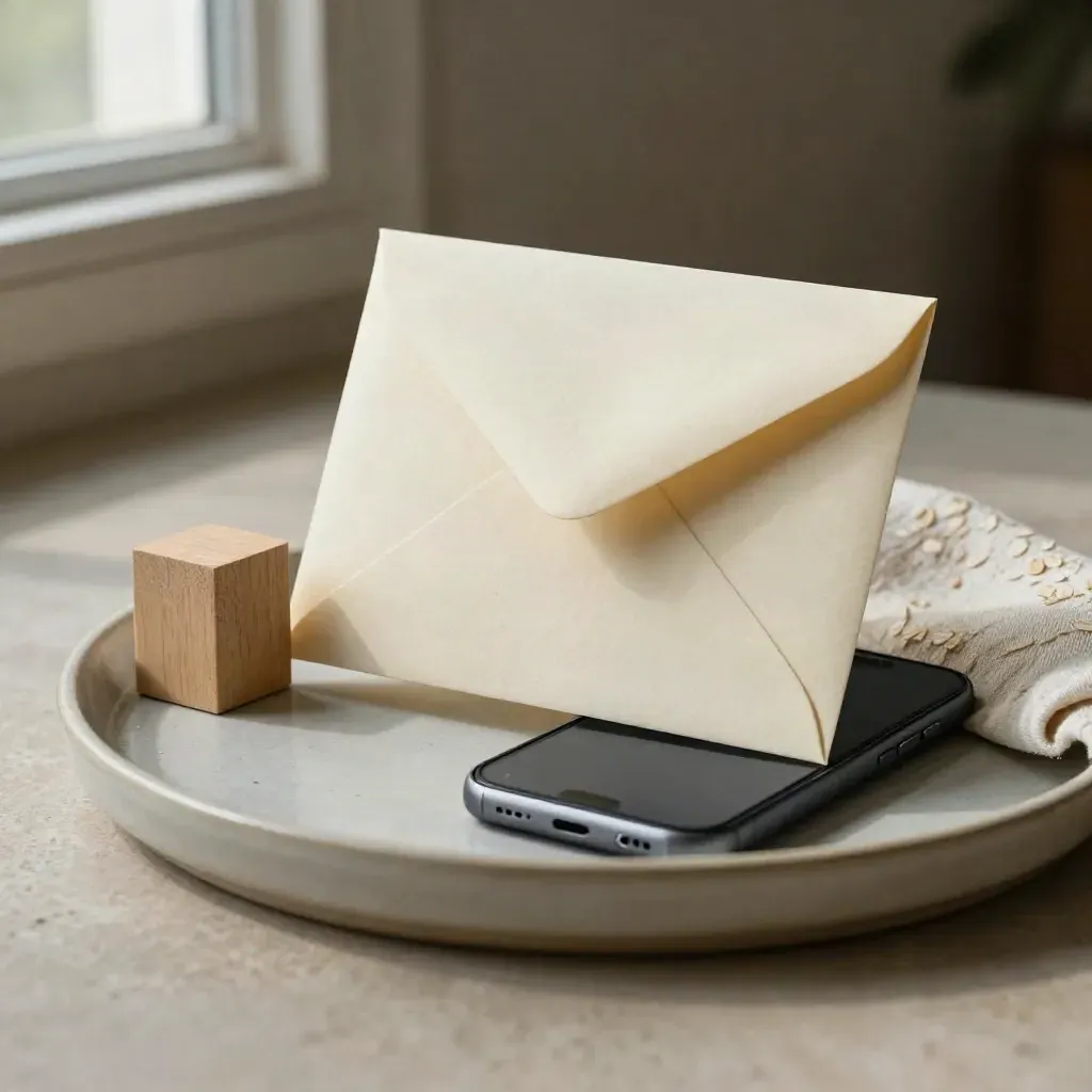 Sealed envelope and smartphone on ceramic tray with wood block and cloth in soft side light