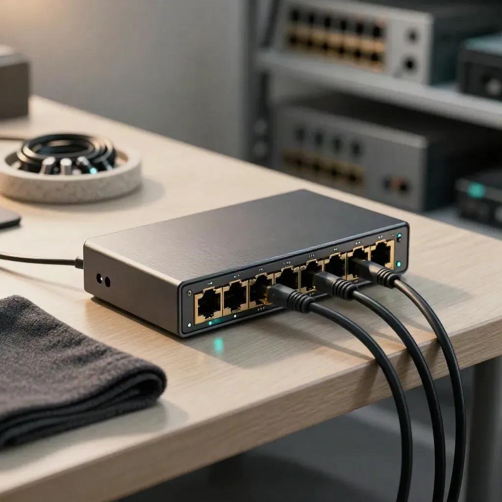 Ethernet switch with braided leads, stone dish and folded cloth on pale wood.