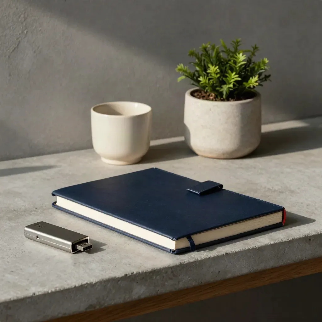 Closed notebook, USB drive, cup, and plant on a stone shelf with soft light.